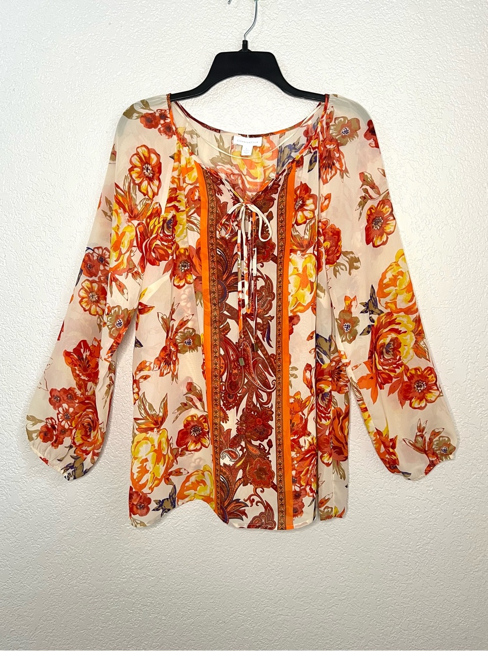 Charter Club Floral Peasant Blouse Boho Orange Beige Tie Neck Sheer Sleeve Top L - Picture 2 of 10